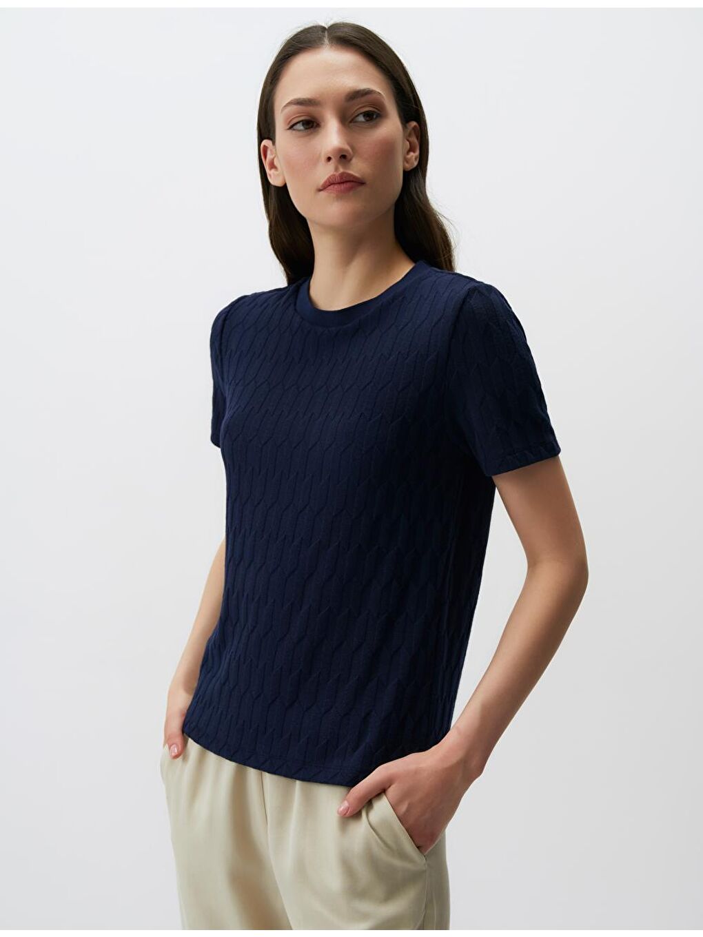 Lacivert Kısa Kollu Bisiklet Yaka Örme Tişört-2