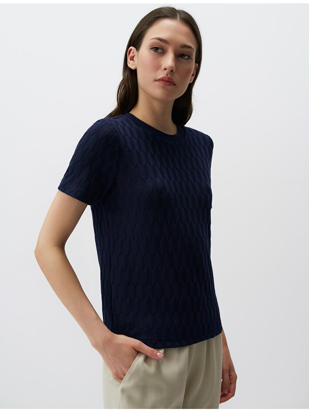 Lacivert Kısa Kollu Bisiklet Yaka Örme Tişört-3