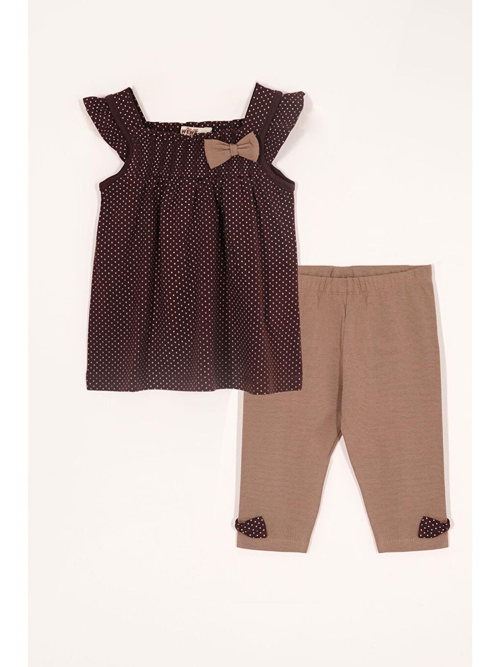 Kahverengi Kare Yaka Fırfır Kol Kız Çocuk Taytlı Takım