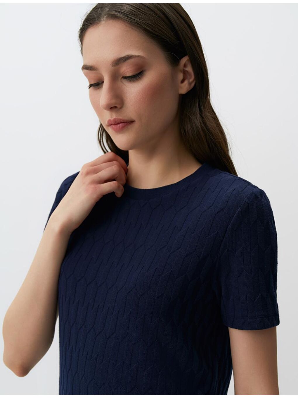 Lacivert Kısa Kollu Bisiklet Yaka Örme Tişört-4