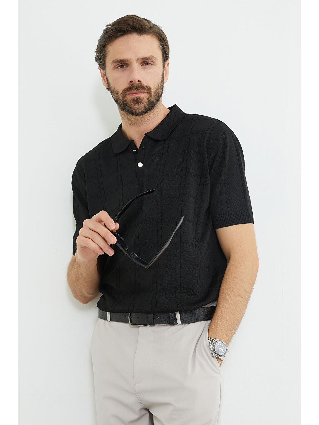 Siyah Örgü Desenli Polo Yaka Triko Tişört