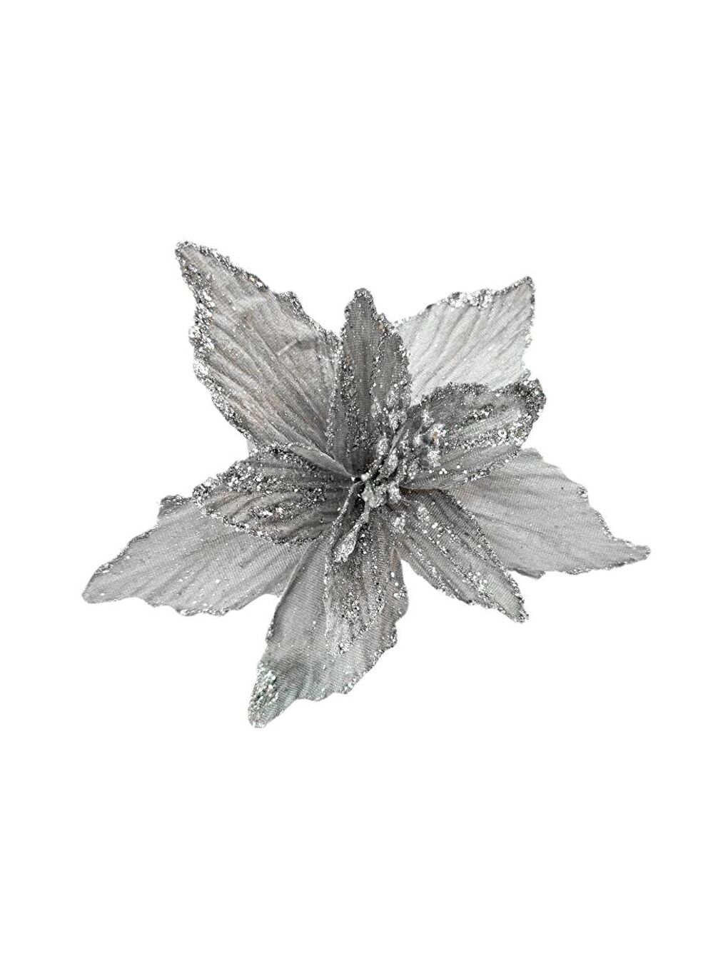 Gri Yılbaşı Ağacı Dekor Süsü Simli Puansetya Atatürk Çiçeği Gümüş 20 cm-1