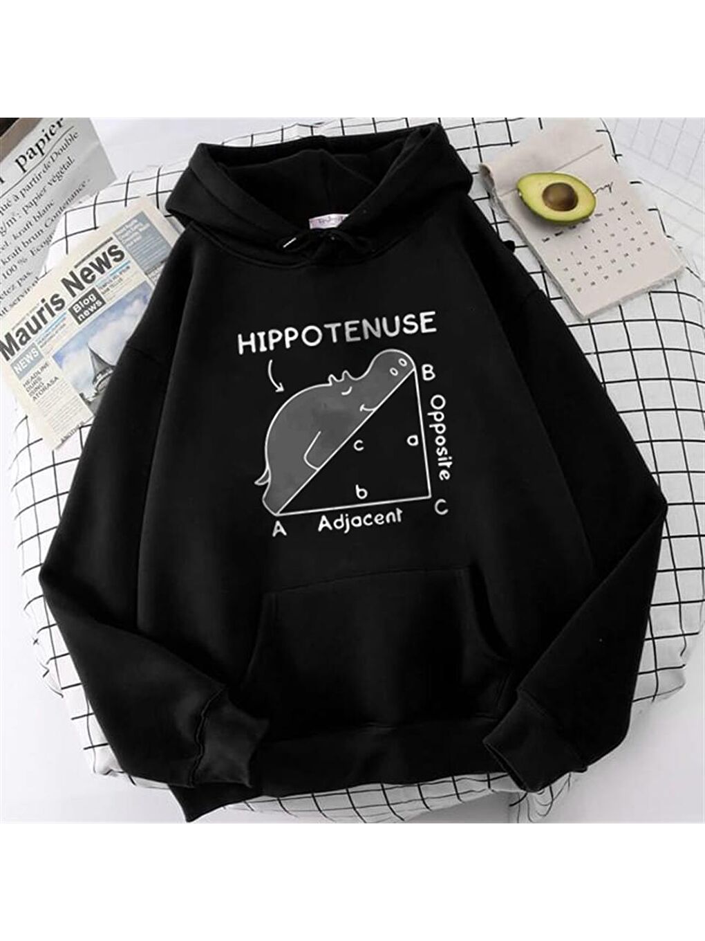 Touz Moda Siyah Hippotenuse Baskılı Siyah Unisex Oversize Kapüşonlu Sweatshirt - 1