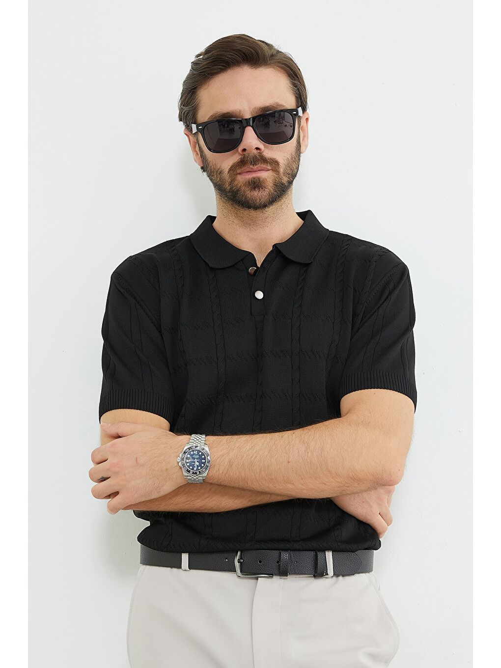 Siyah Örgü Desenli Polo Yaka Triko Tişört-1