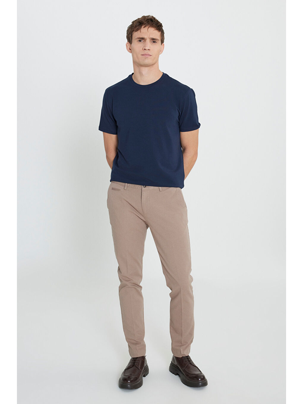 Erkek Bej Slim Fit Dar Kesim Yan Cepli Pamuklu Esnek Armürlü Pantolon-2