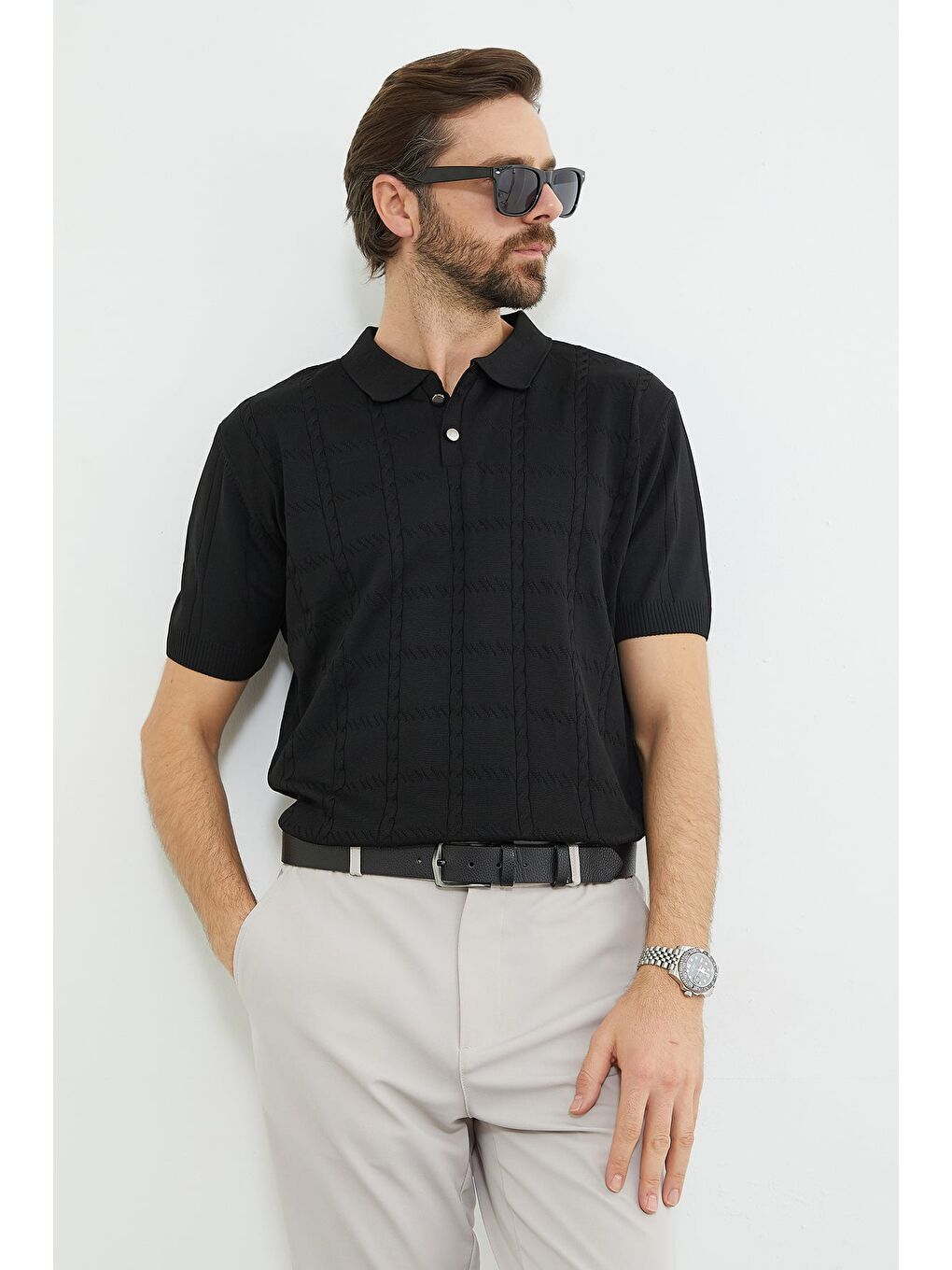 Siyah Örgü Desenli Polo Yaka Triko Tişört-2