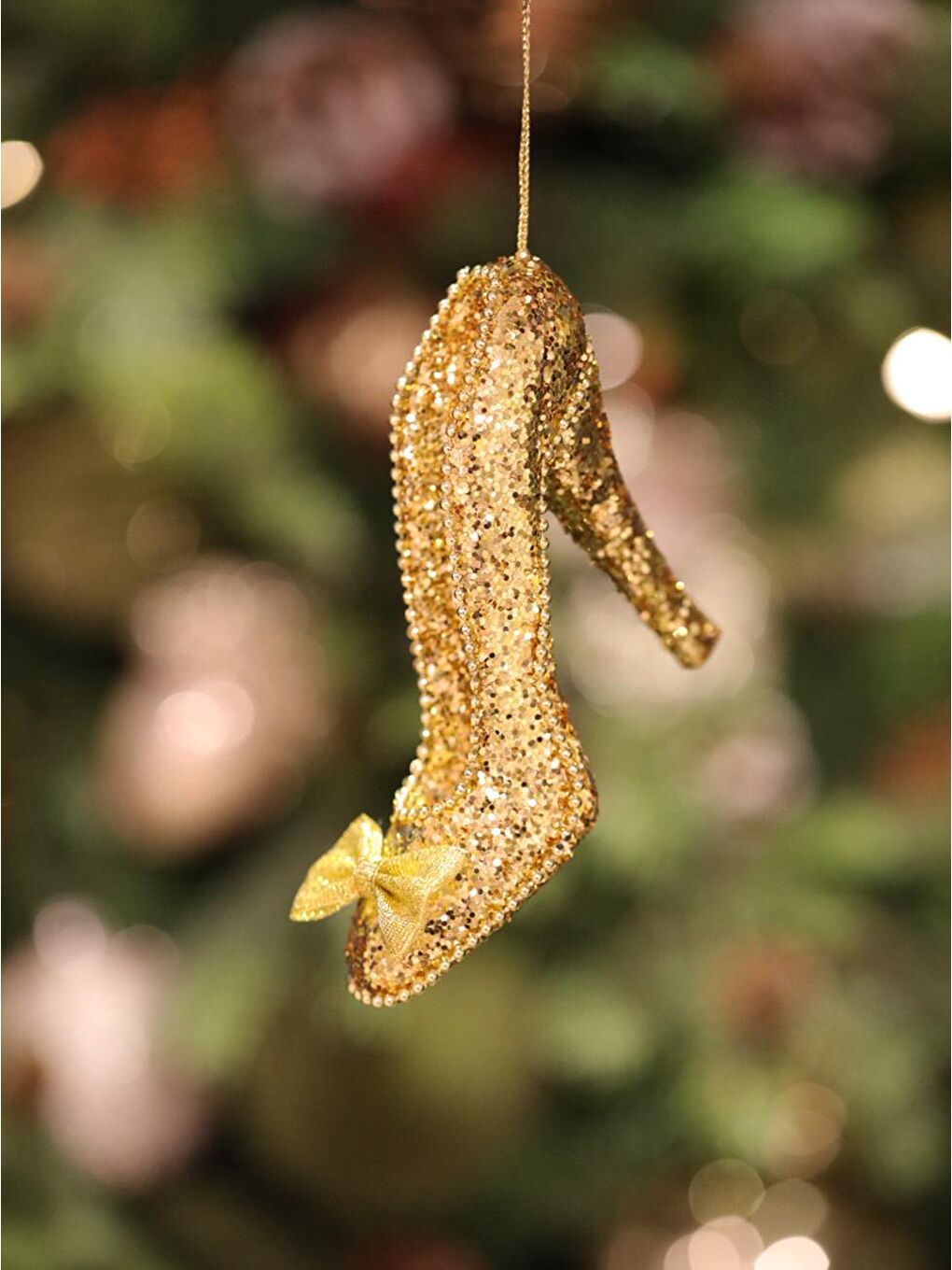 Sarı Yılbaşı Ağaç Süsü Işıltılı Simli Topuklu Ayakkabı Asılabilir Dekoratif Süs Altın 14 cm