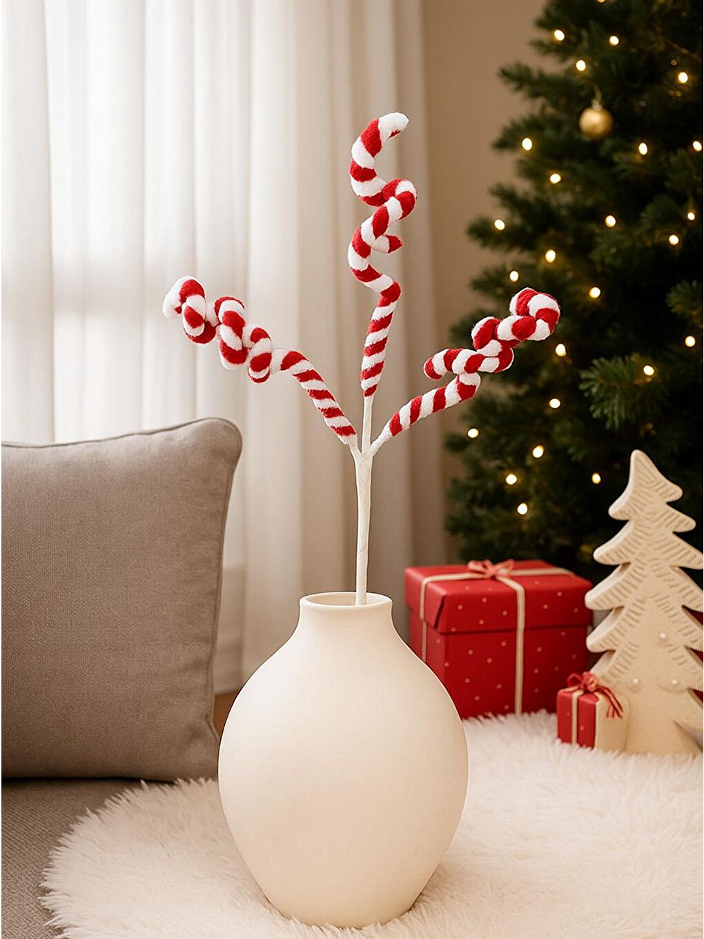 Spiral Desenli Yılbaşı Dekor ve Ağaç Süsü  – Kırmızı Beyaz 60 cm