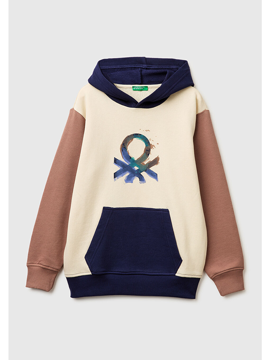 Erkek Çocuk Bej Mix Önü Logo Baskılı Kanguru Cepli Kapüşonlu Sweatshirt