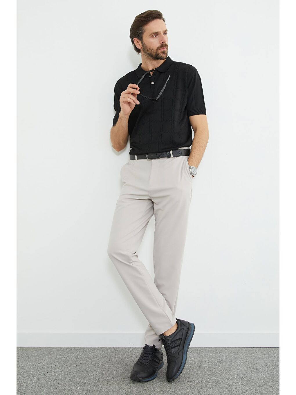 Siyah Örgü Desenli Polo Yaka Triko Tişört-4