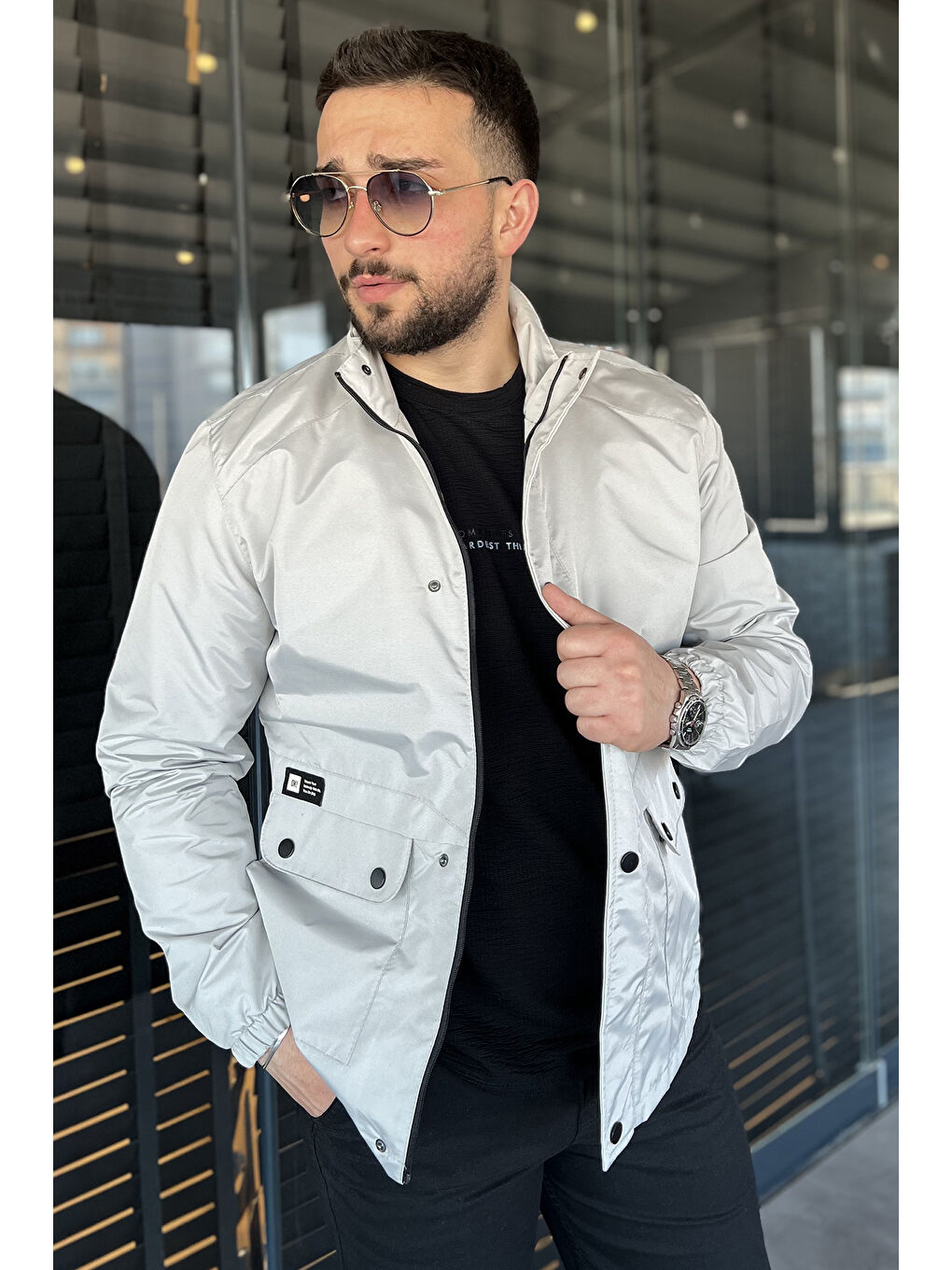 Bej Erkek Fermuarlı Ve Çıtçıtlı Çift Cepli Mevsimlik Mont-1