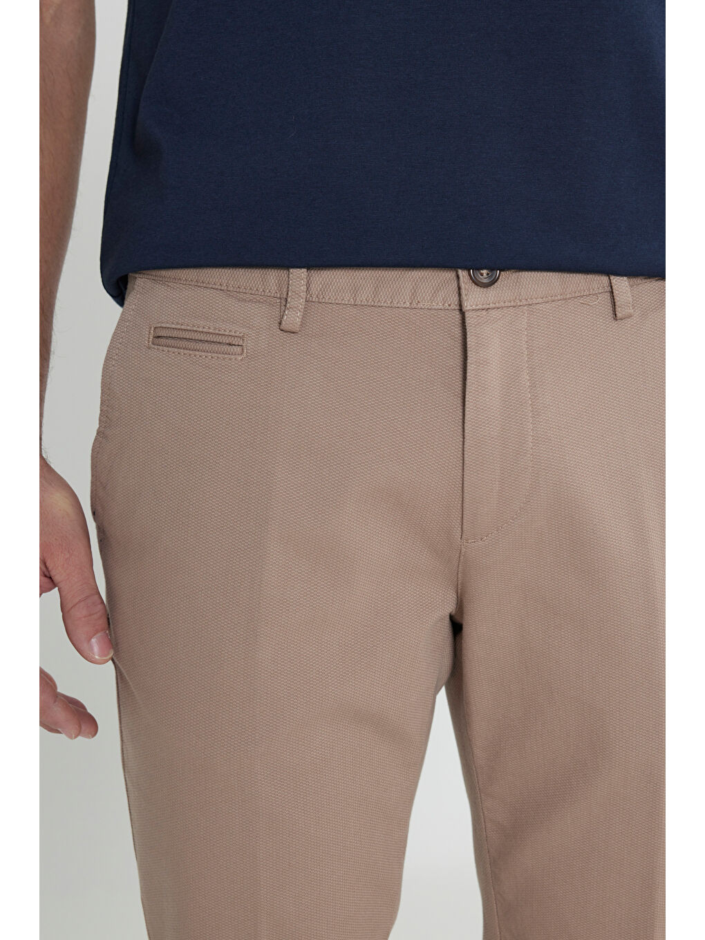 Erkek Bej Slim Fit Dar Kesim Yan Cepli Pamuklu Esnek Armürlü Pantolon-3