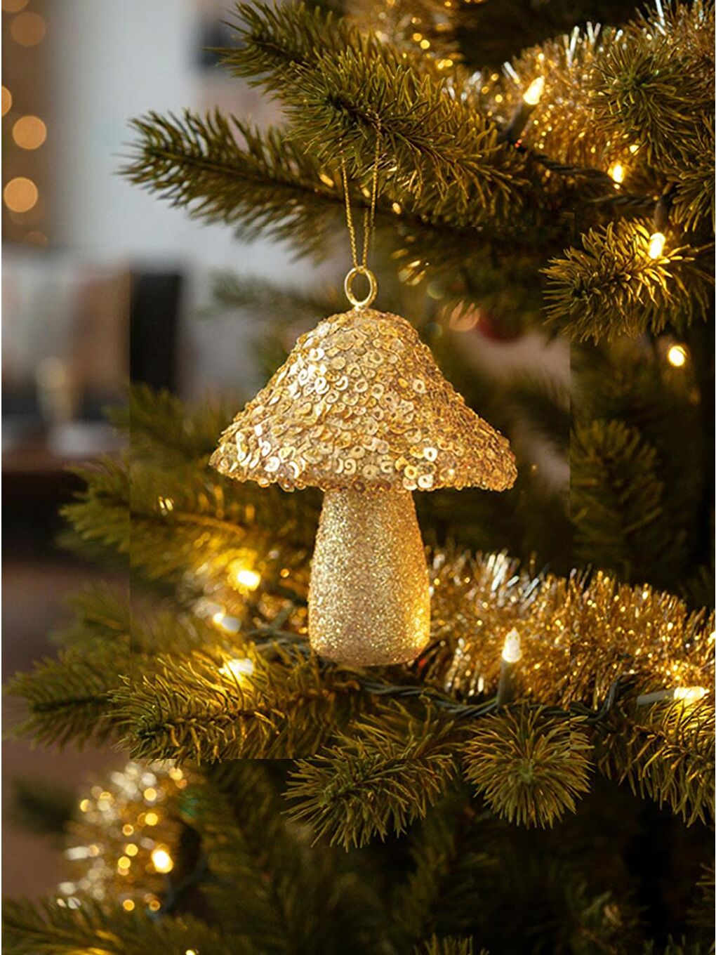 Sarı Yılbaşı Ağaç Süsü Mantar Figürlü Asılabilir Pul Payet İşlemeli Dekoratif Süs Altın 10 cm