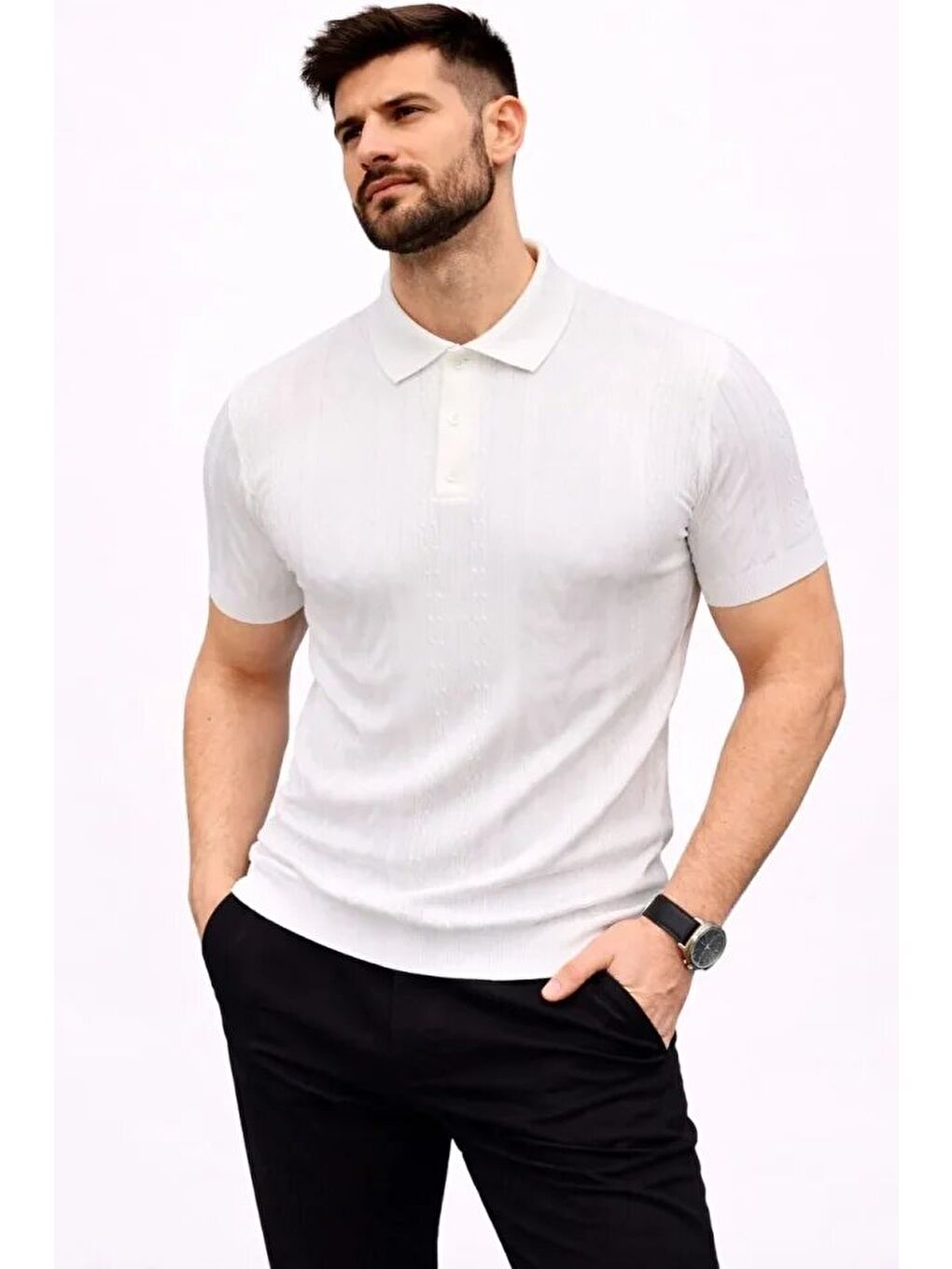 Beyaz Erkek Yazlık Triko Polo Yaka Tişört-2