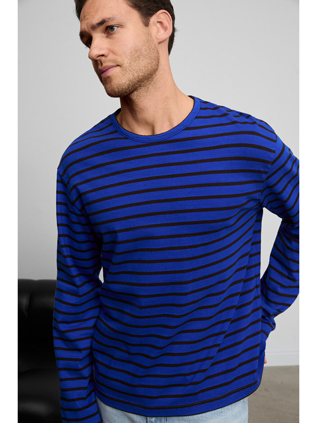 Mavi VIGOS Erkek %100 Organik Pamuklu Yuvarlak Yakalı Regular Fit Uzun Kollu MAVİ T-Shirt-1