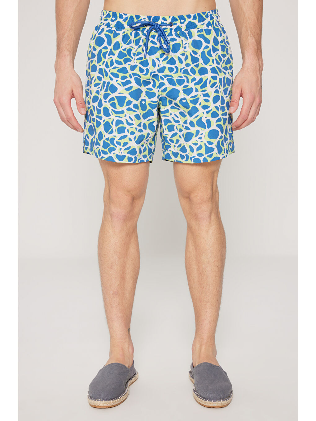 Erkek Lacivert-Yeşil Standart Fit Normal Kesim Cepli Hızlı Kuruyan Desenli Mayo Deniz Şortu-1