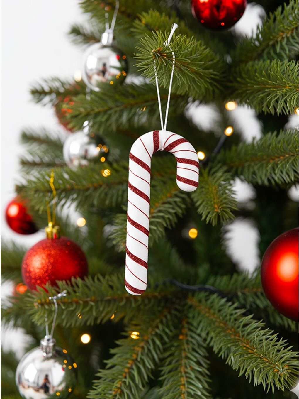 Kırmızı Yılbaşı Ağaç Süsü Baston Şeker Figürlü Dekoratif Süs 17 cm