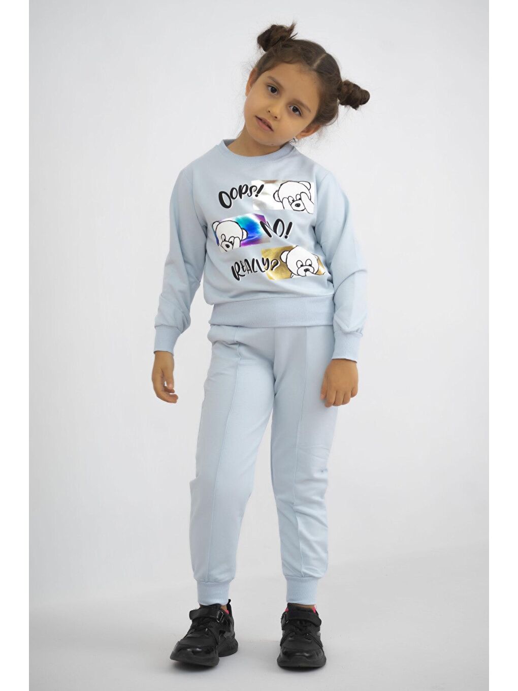 Mavi Kız Çocuk İki İplik Kumaş Orta Kalınlıkta Baskılı Örme Basic Eşofman Takımı