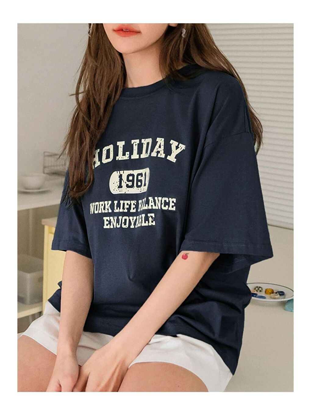 Trendseninle Lacivert Kadın Lacivert Holiday 1961 Baskılı Oversize T-shirt