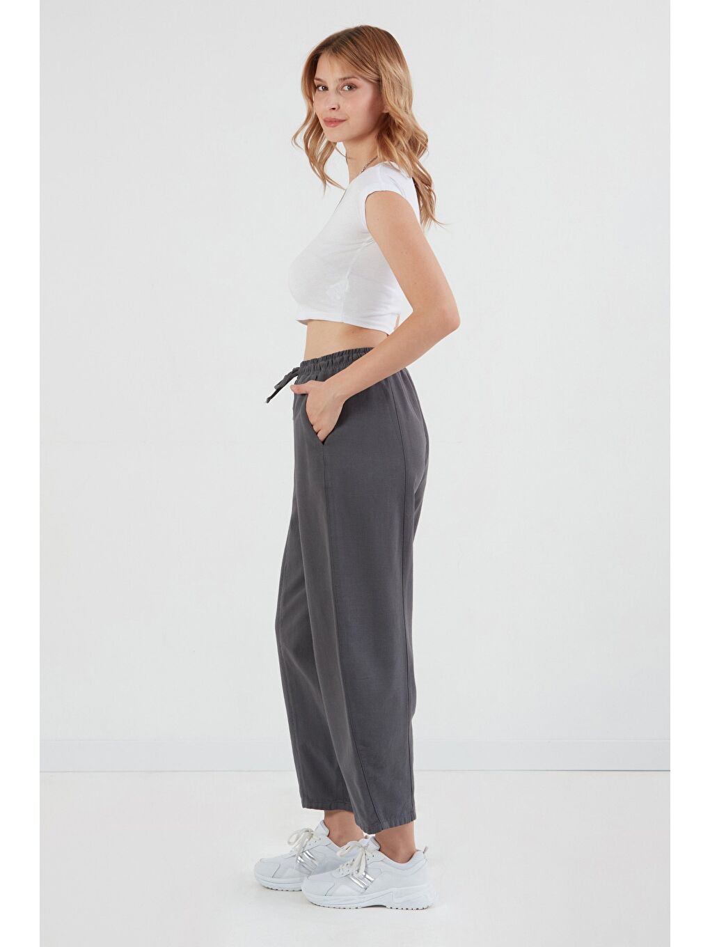 Antrasit Beli Lastikli Yüksek Bel Keten Şalvar Pantolon-1