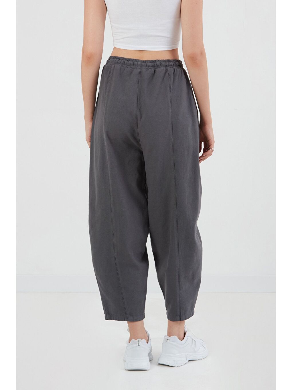 Antrasit Beli Lastikli Yüksek Bel Keten Şalvar Pantolon-2