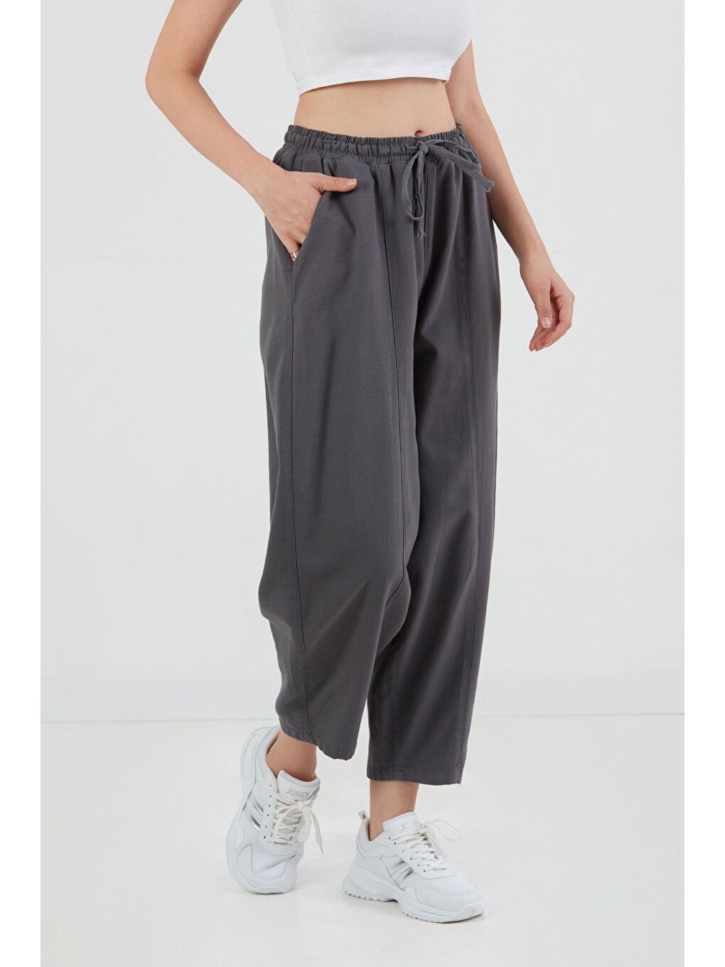 Antrasit Beli Lastikli Yüksek Bel Keten Şalvar Pantolon-3