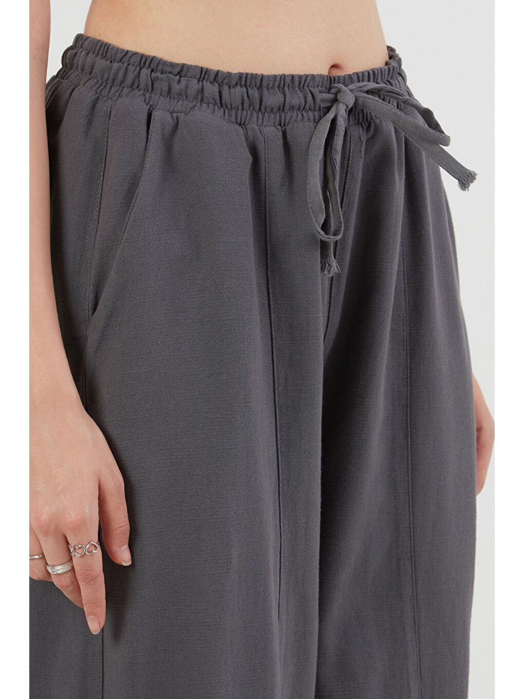 Antrasit Beli Lastikli Yüksek Bel Keten Şalvar Pantolon-4