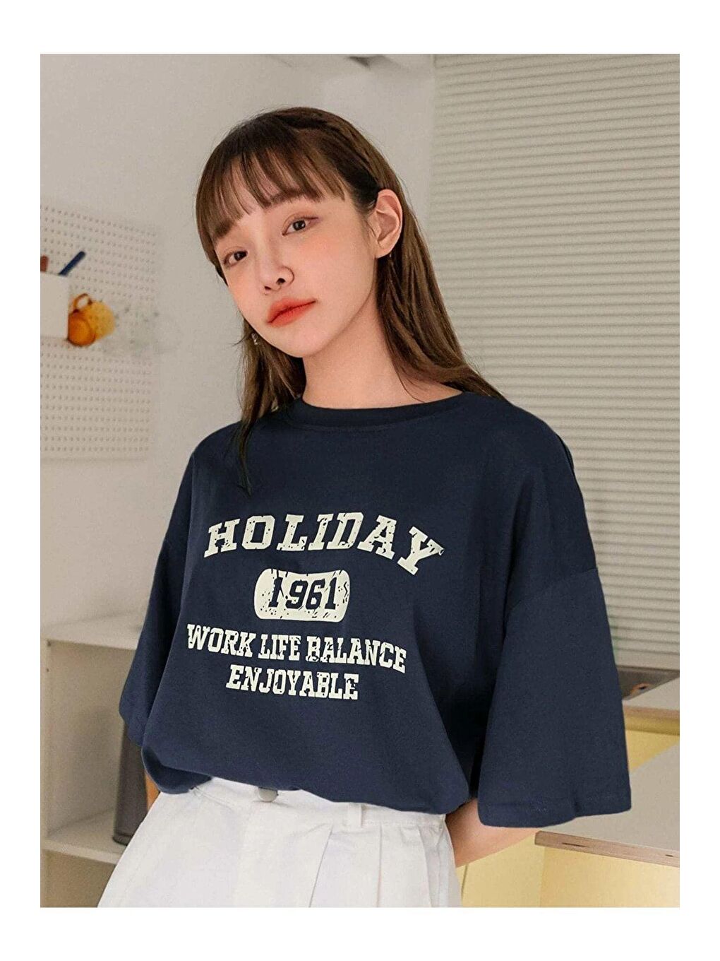 Trendseninle Lacivert Kadın Lacivert Holiday 1961 Baskılı Oversize T-shirt - 1