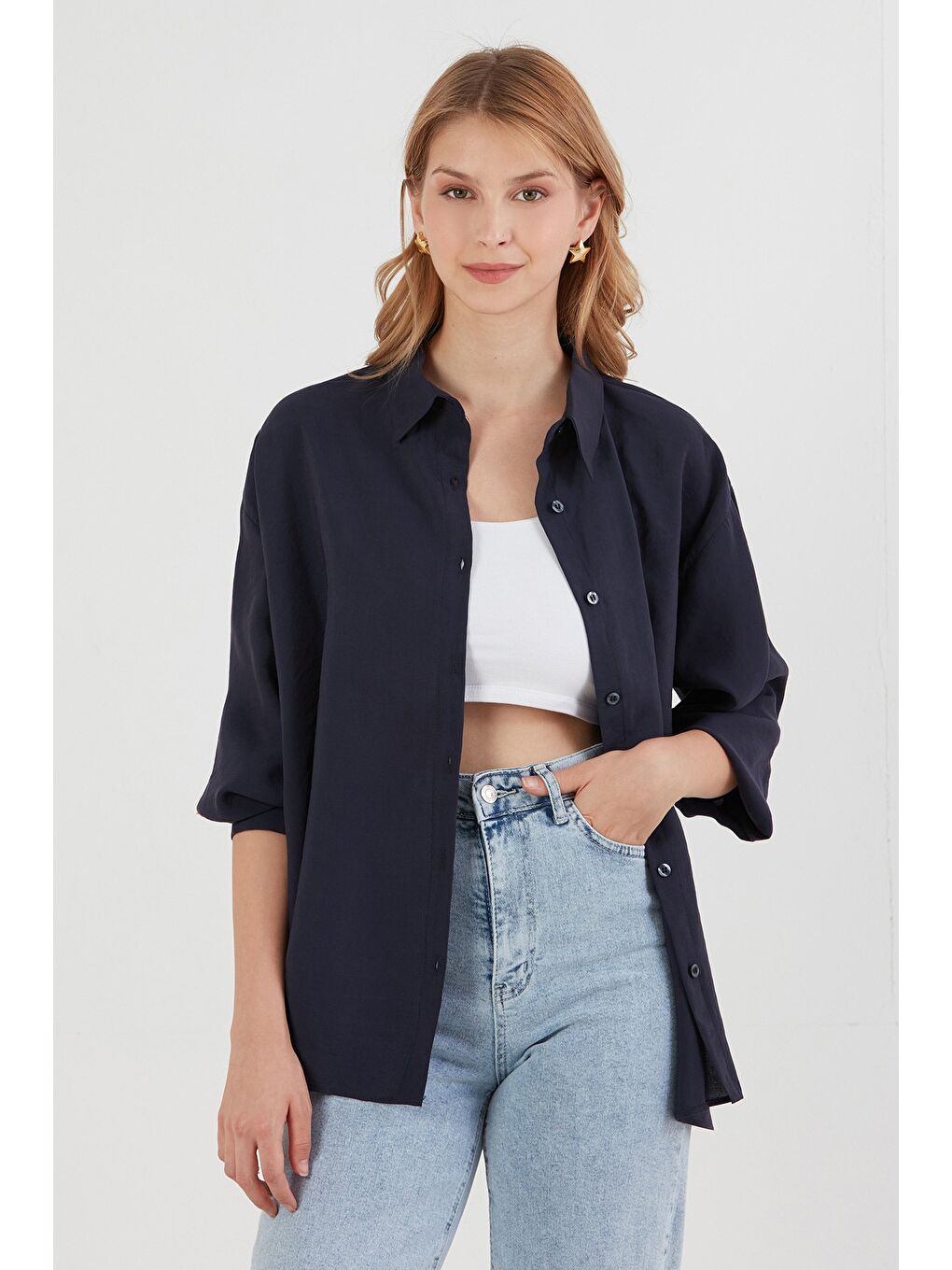 Lacivert Ayıcık Nakışlı Uzun Kollu Oversize Modal Gömlek