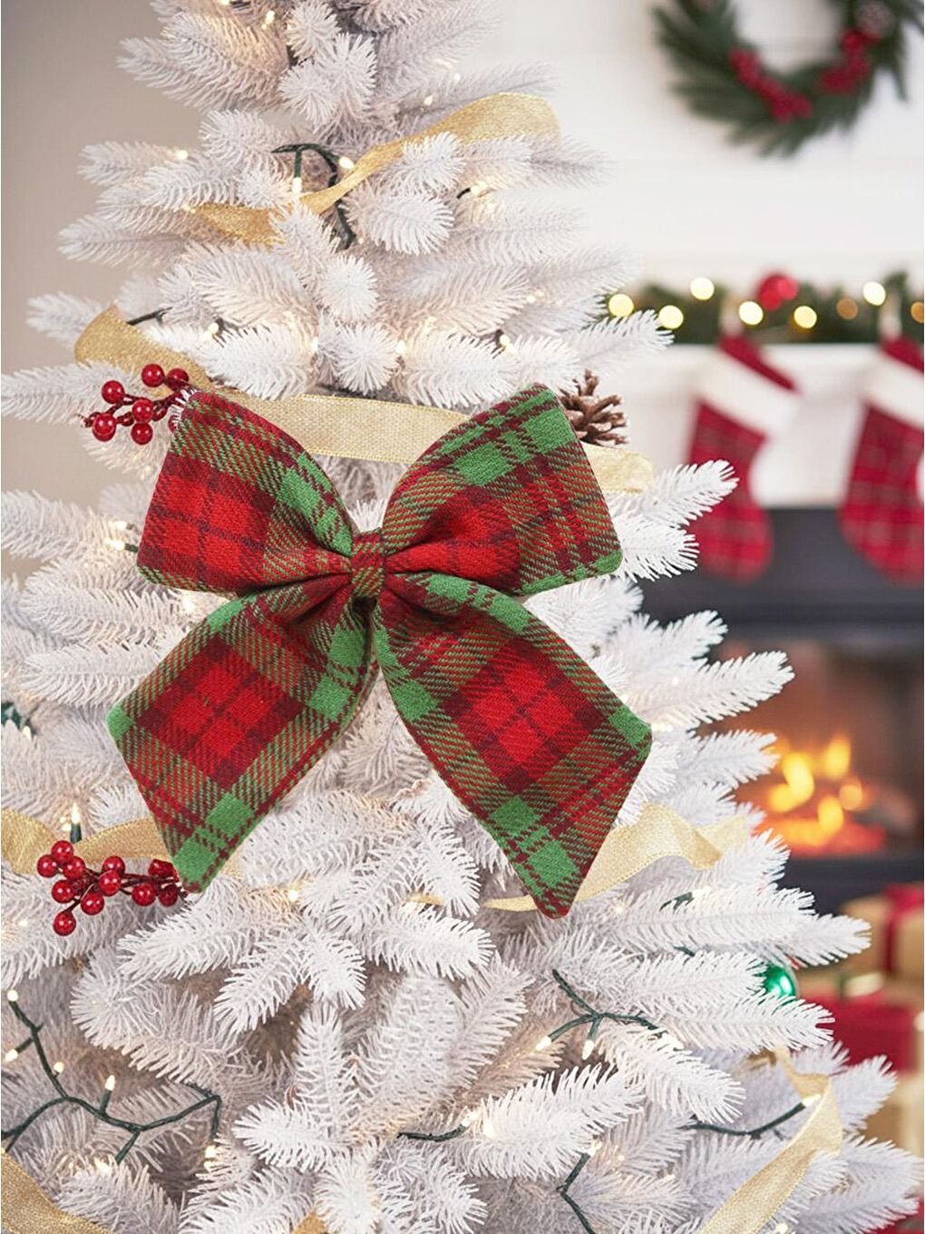 Yılbaşı Fiyonk Kırmızı Yeşil Ekose Desenli Dekoratif Kapı & Ağaç Süsü 21 cm-1