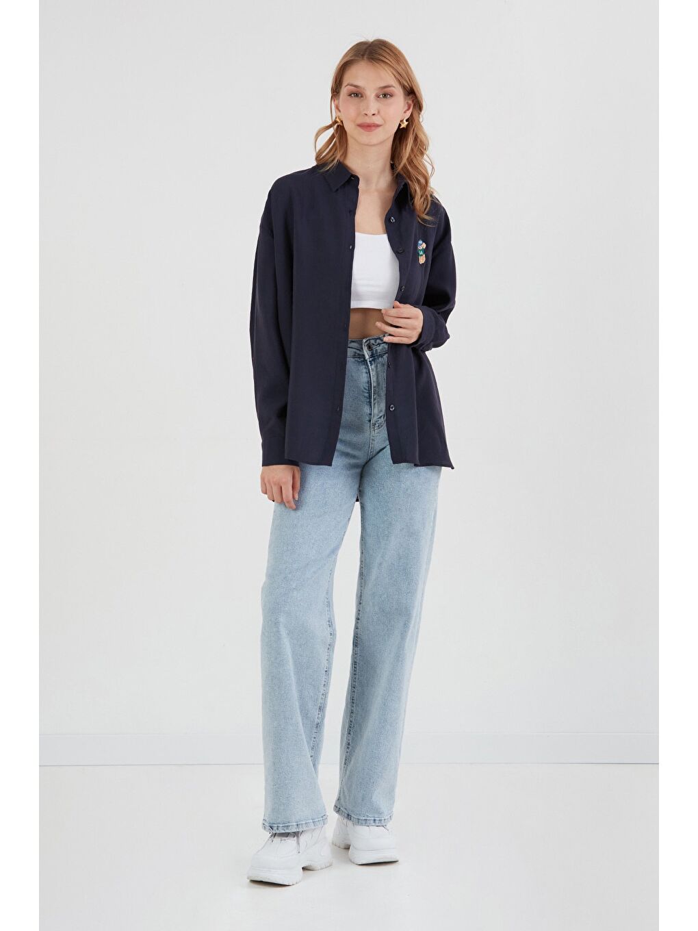 Lacivert Ayıcık Nakışlı Uzun Kollu Oversize Modal Gömlek-1