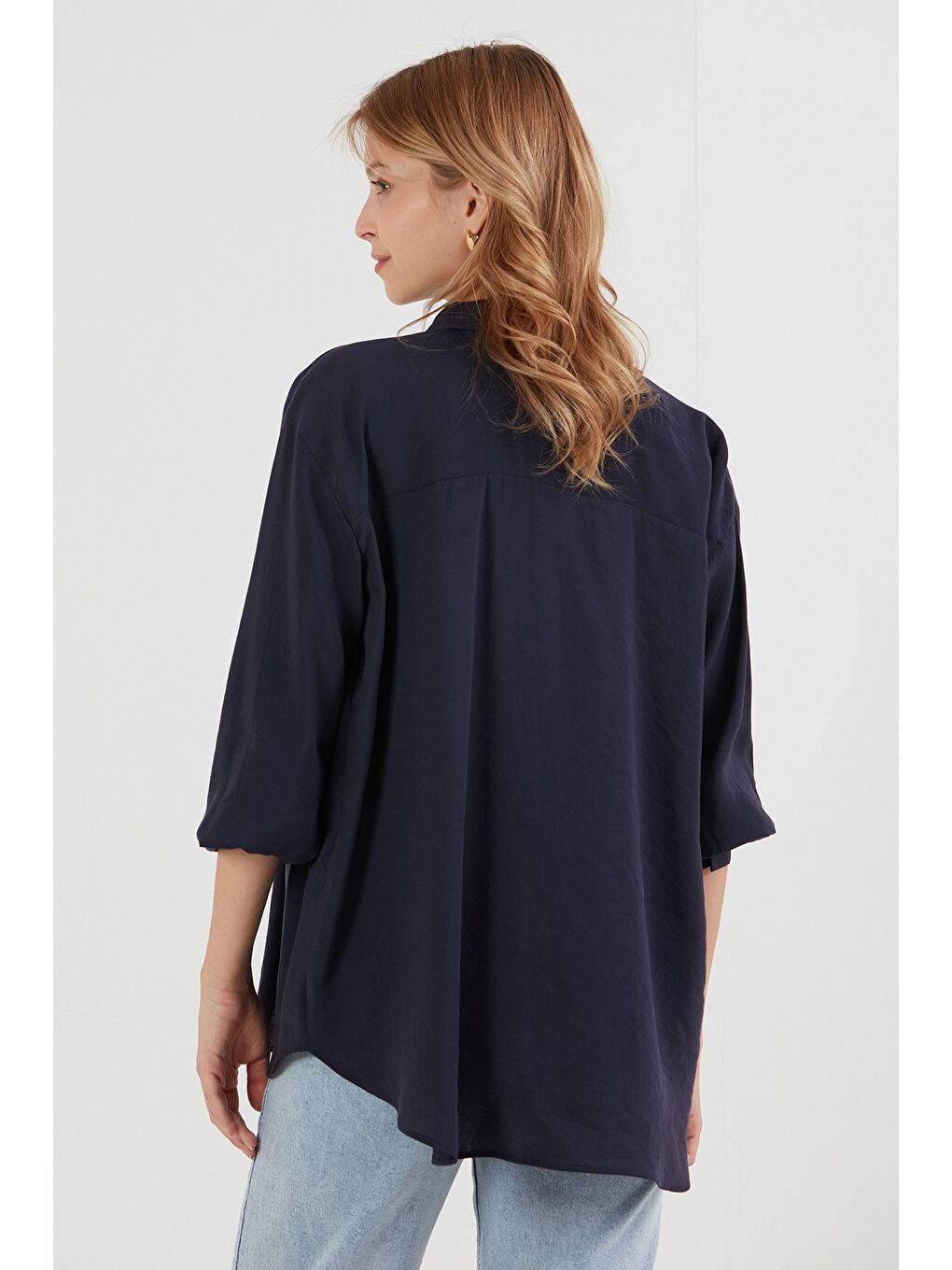 Lacivert Ayıcık Nakışlı Uzun Kollu Oversize Modal Gömlek-2