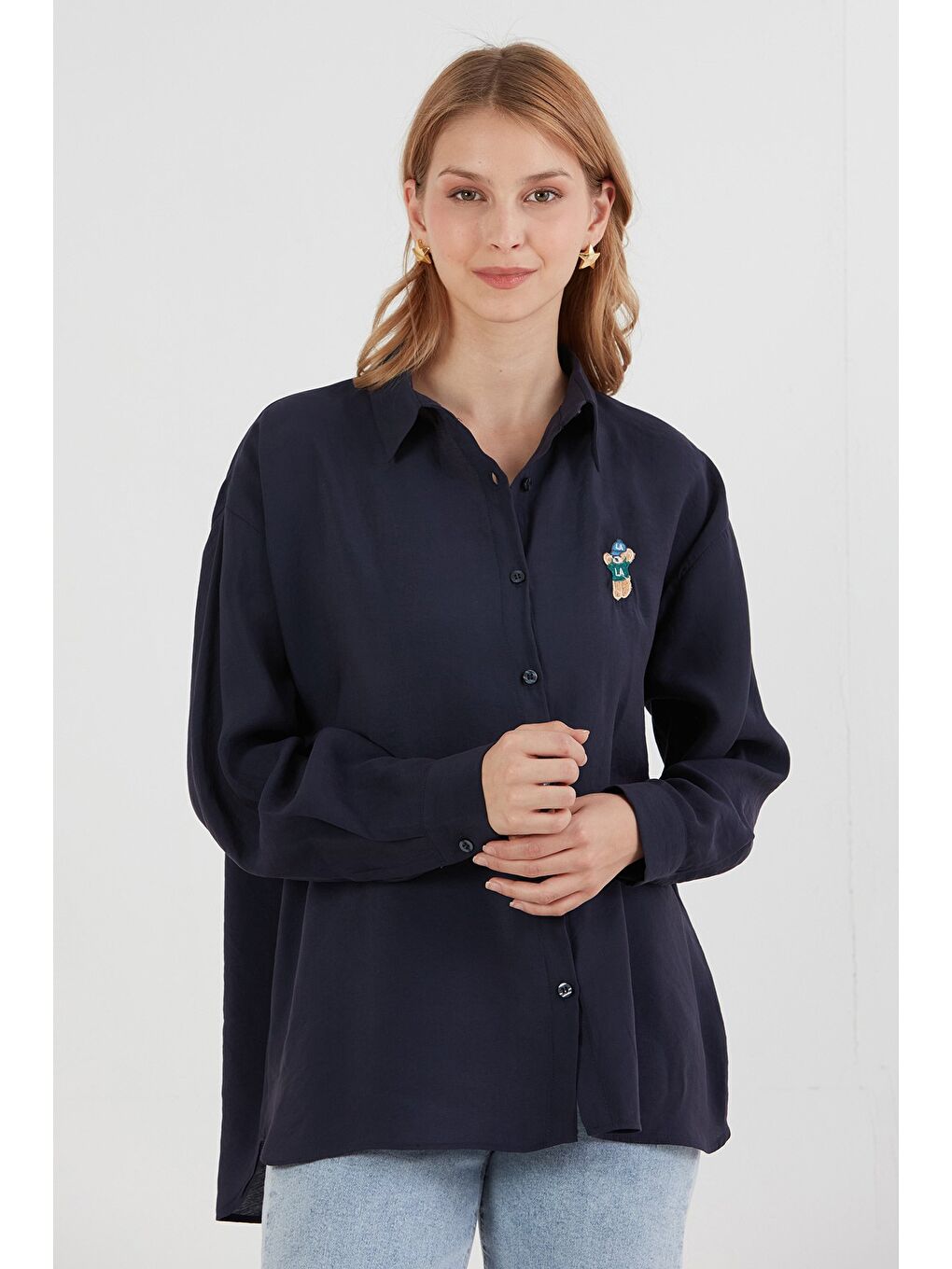 Lacivert Ayıcık Nakışlı Uzun Kollu Oversize Modal Gömlek-3