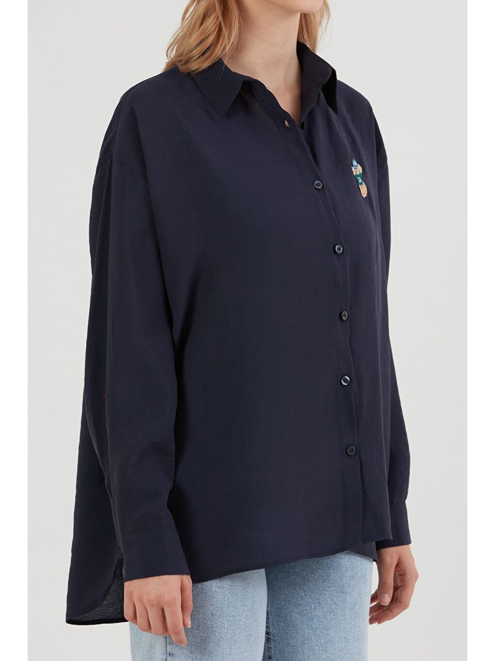 Lacivert Ayıcık Nakışlı Uzun Kollu Oversize Modal Gömlek-4