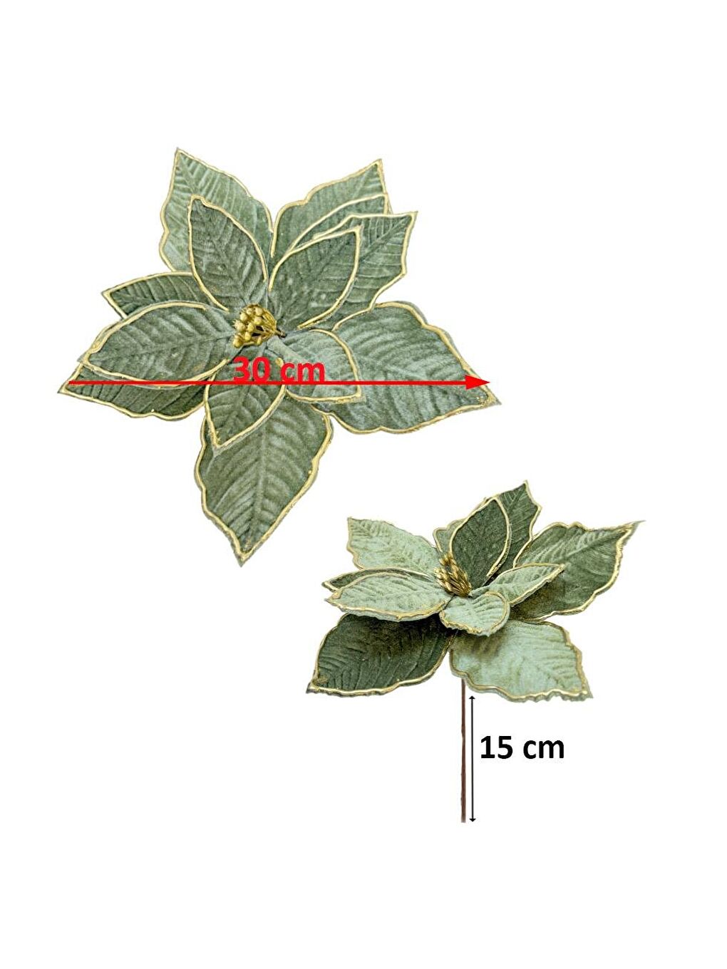 Yılbaşı Ağaç Süsü Ponsetya Atatürk Çiçeği Altın Sim Detaylı Yağ Yeşili 30 cm-1