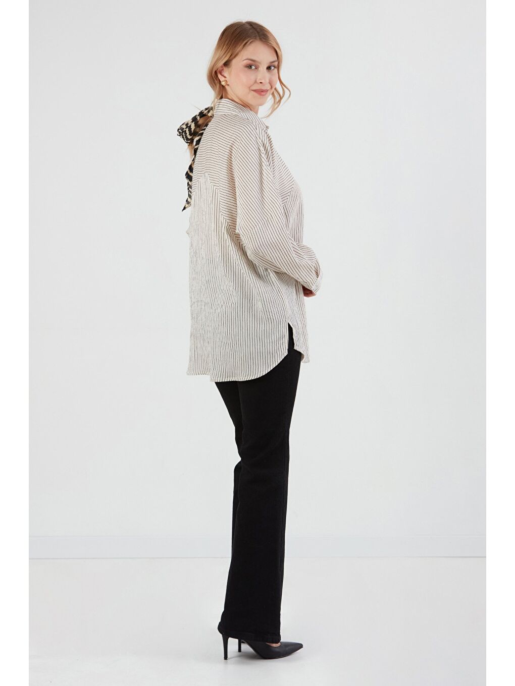 Bej Çizgili Salaş Gömlek-1