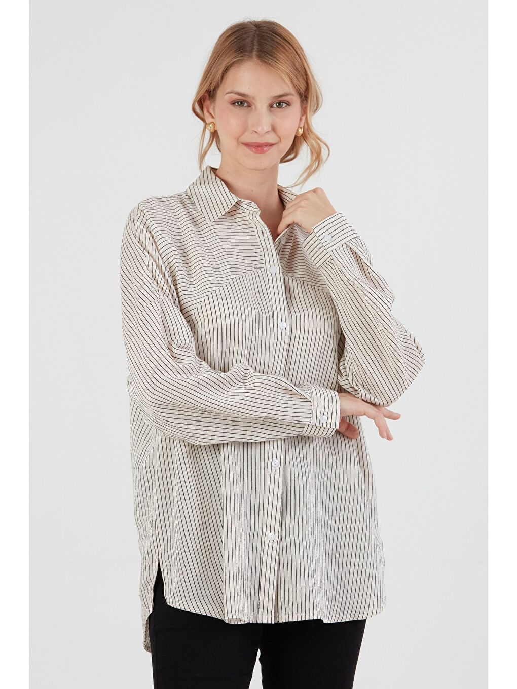 Bej Çizgili Salaş Gömlek-2