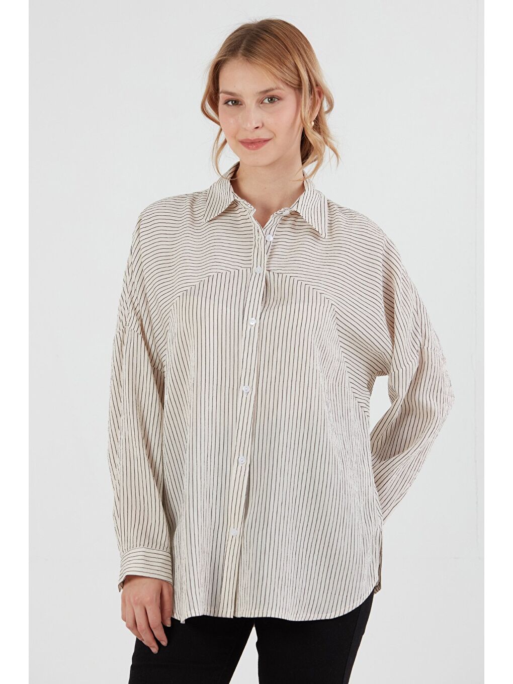 Bej Çizgili Salaş Gömlek-3