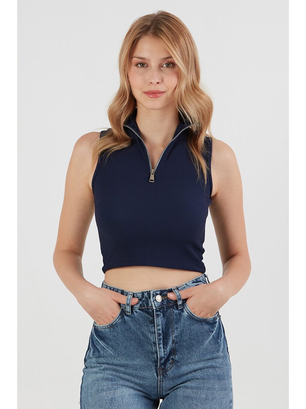 Lacivert Fitilli Yarım Fermuarlı Kolsuz Bluz-1