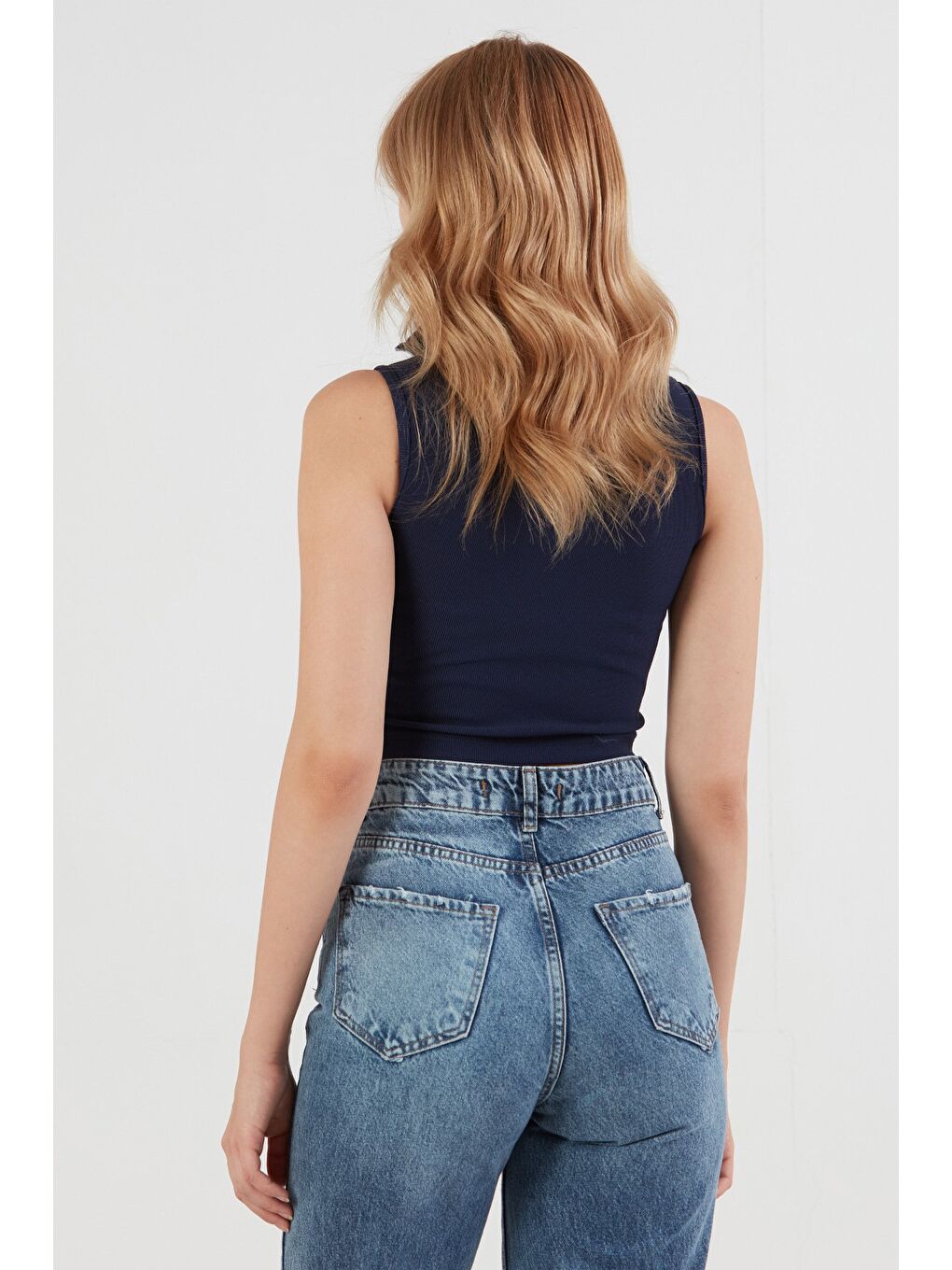 Lacivert Fitilli Yarım Fermuarlı Kolsuz Bluz-2