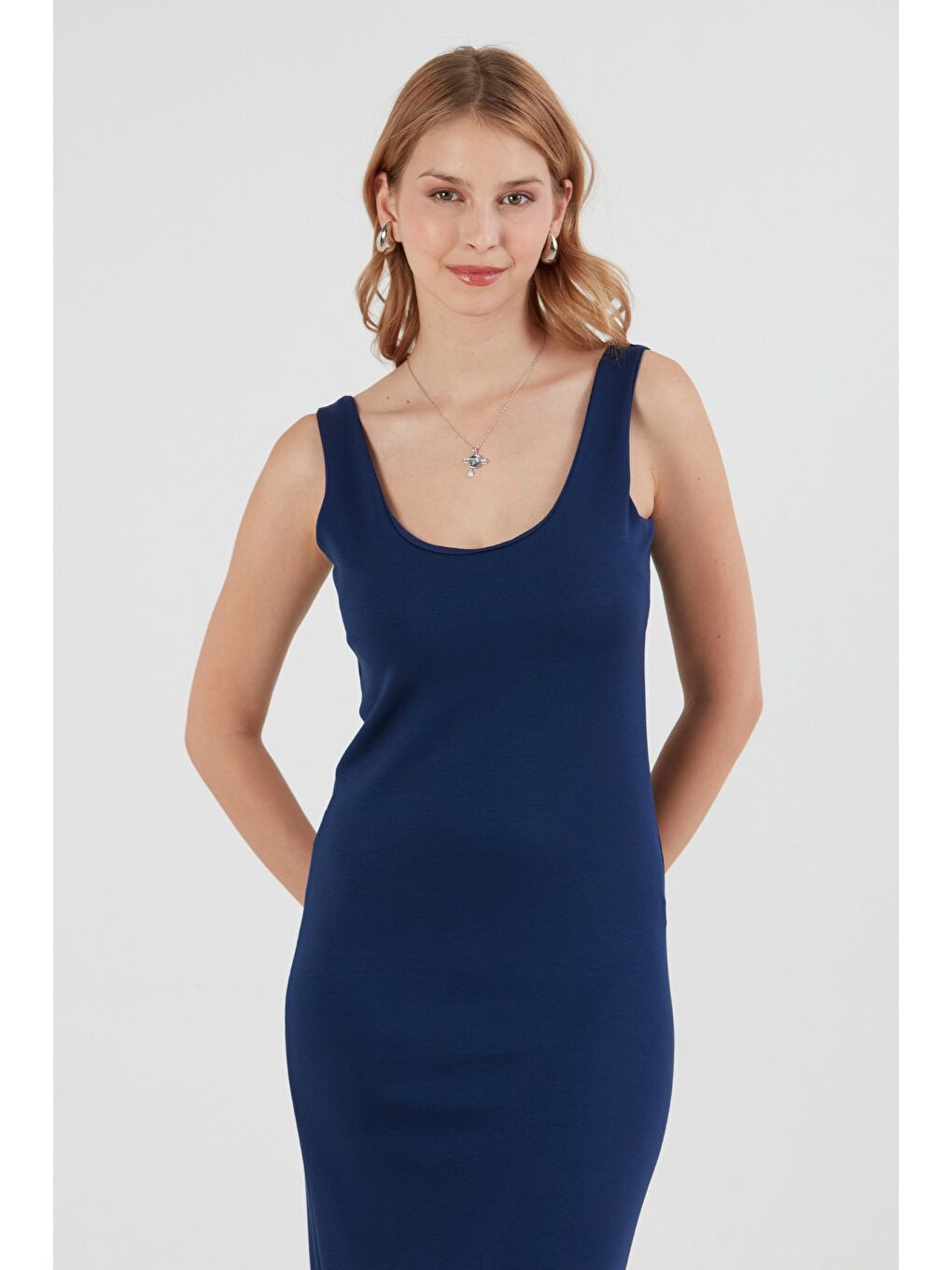 Lacivert Basic Kalın Askılı Salaş Modal Elbise-3