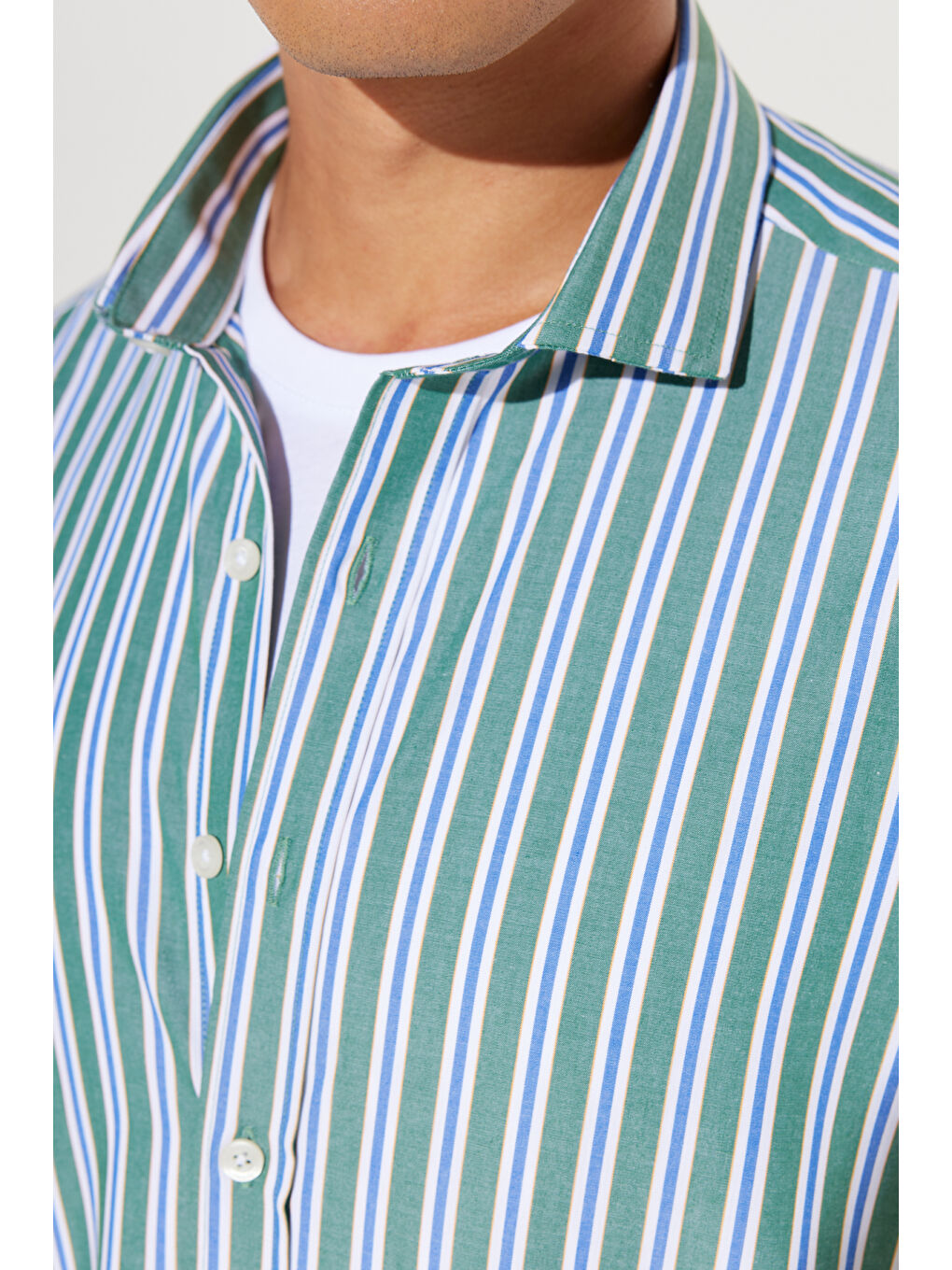 Erkek Yeşil-Lacivert Slim Fit Dar Kesim Küçük İtalyan Yaka %100 Pamuk Çizgili Gömlek-1