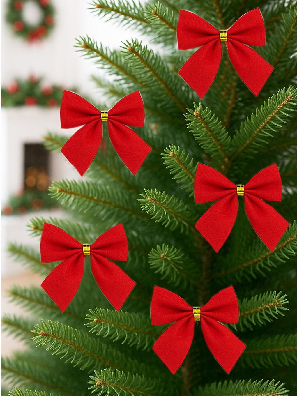 Yılbaşı Ağacı Süsleri Dekoratif Kadife Fiyonk Kırmızı 5 cm 12'li-1