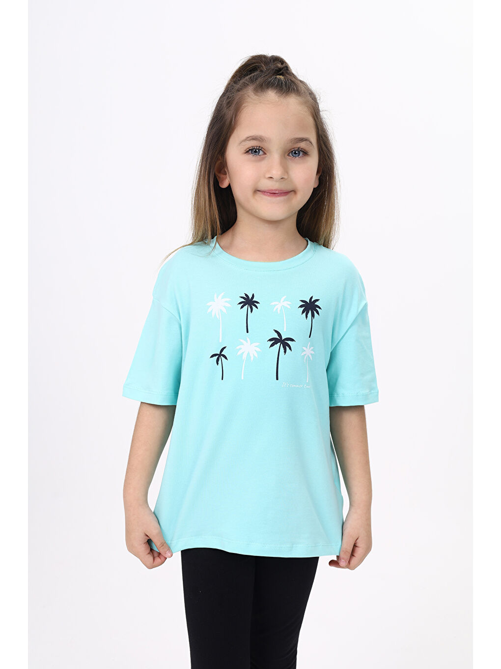Turkuaz Kız Çocuk Baskılı Tişört-1