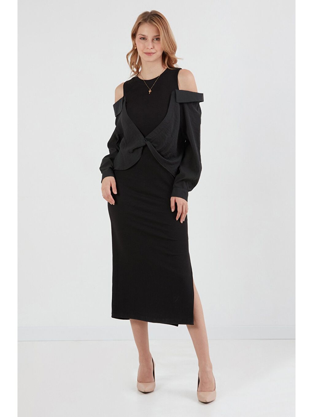 Antrasit Basic Gömlek Detaylı Yırtmaçlı Elbise-1