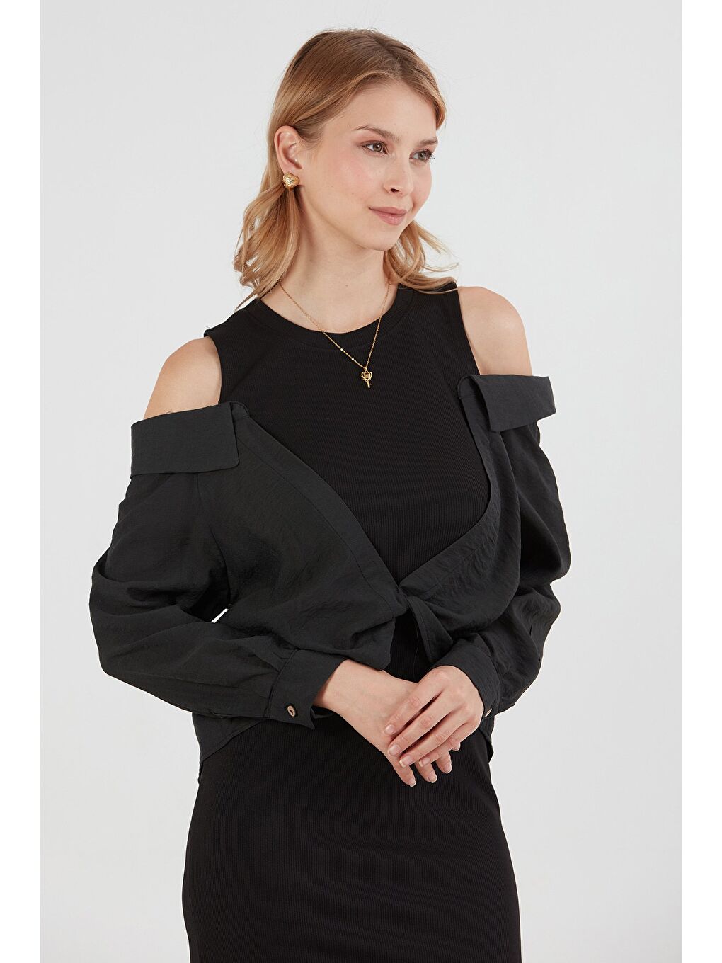 Antrasit Basic Gömlek Detaylı Yırtmaçlı Elbise-3