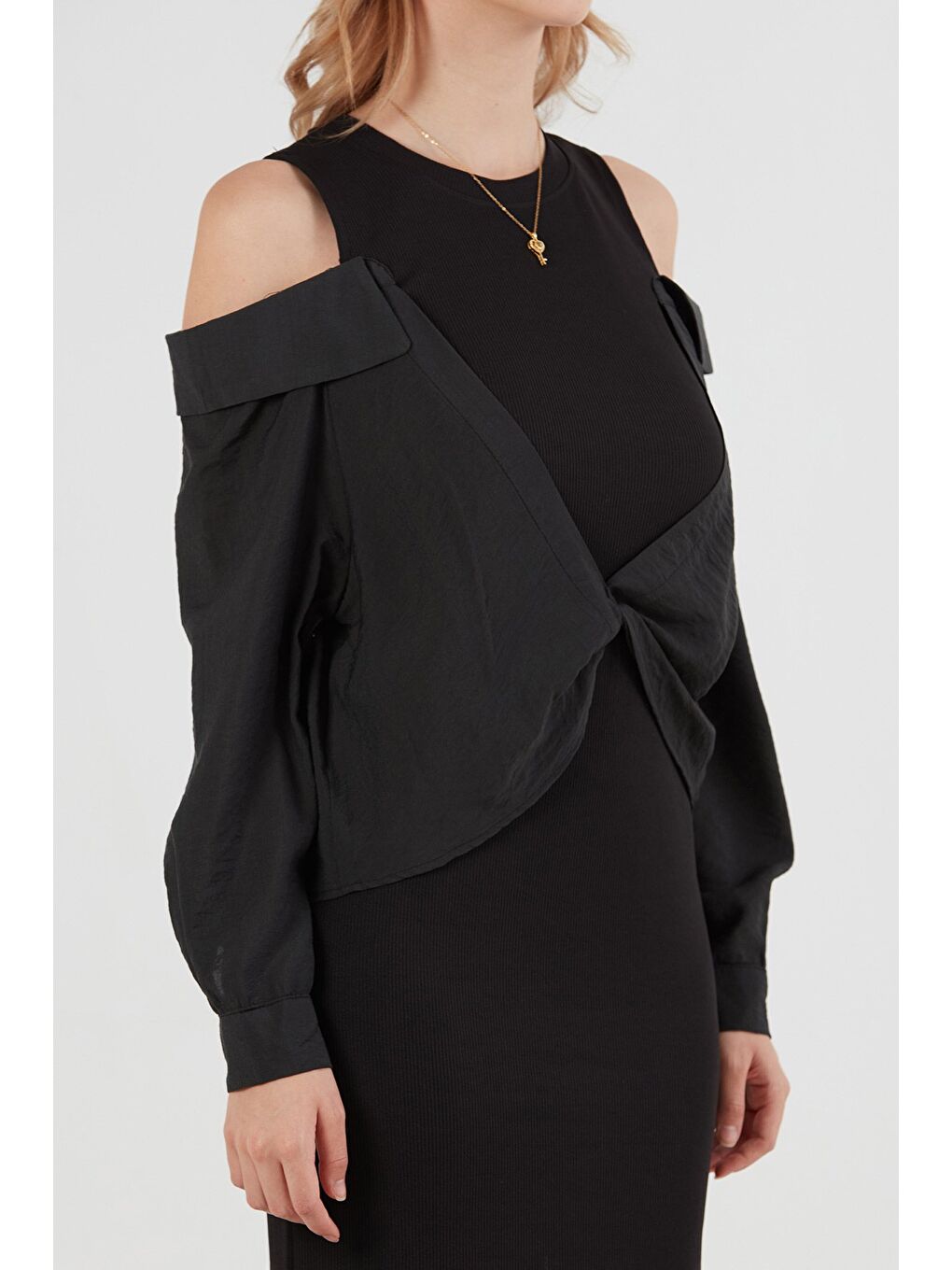 Antrasit Basic Gömlek Detaylı Yırtmaçlı Elbise-4