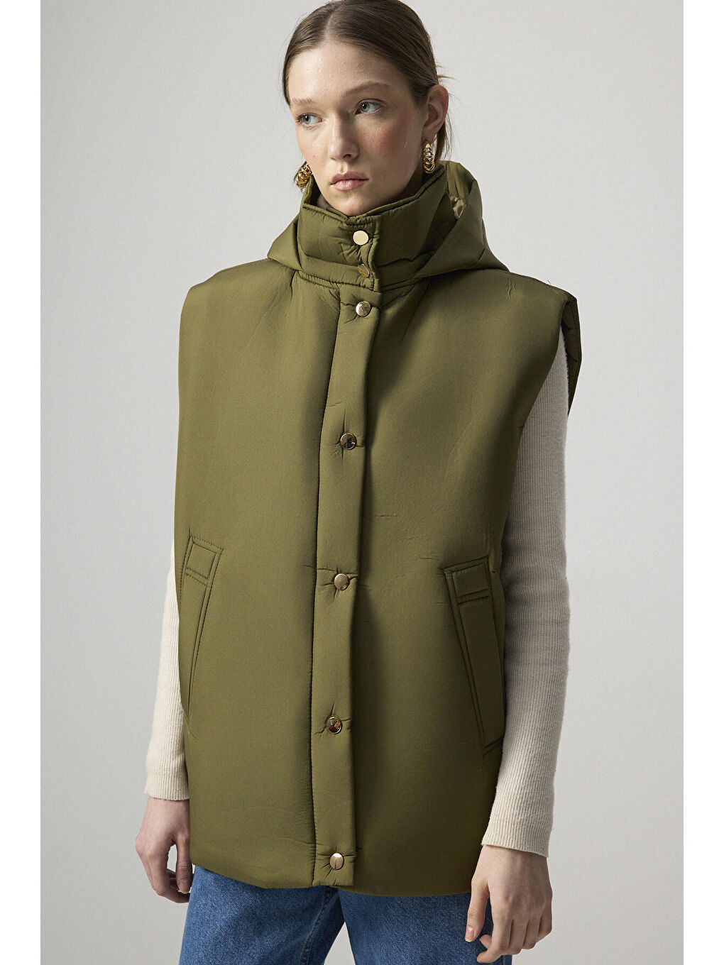 Haki Kapüşonlu Yelek-3