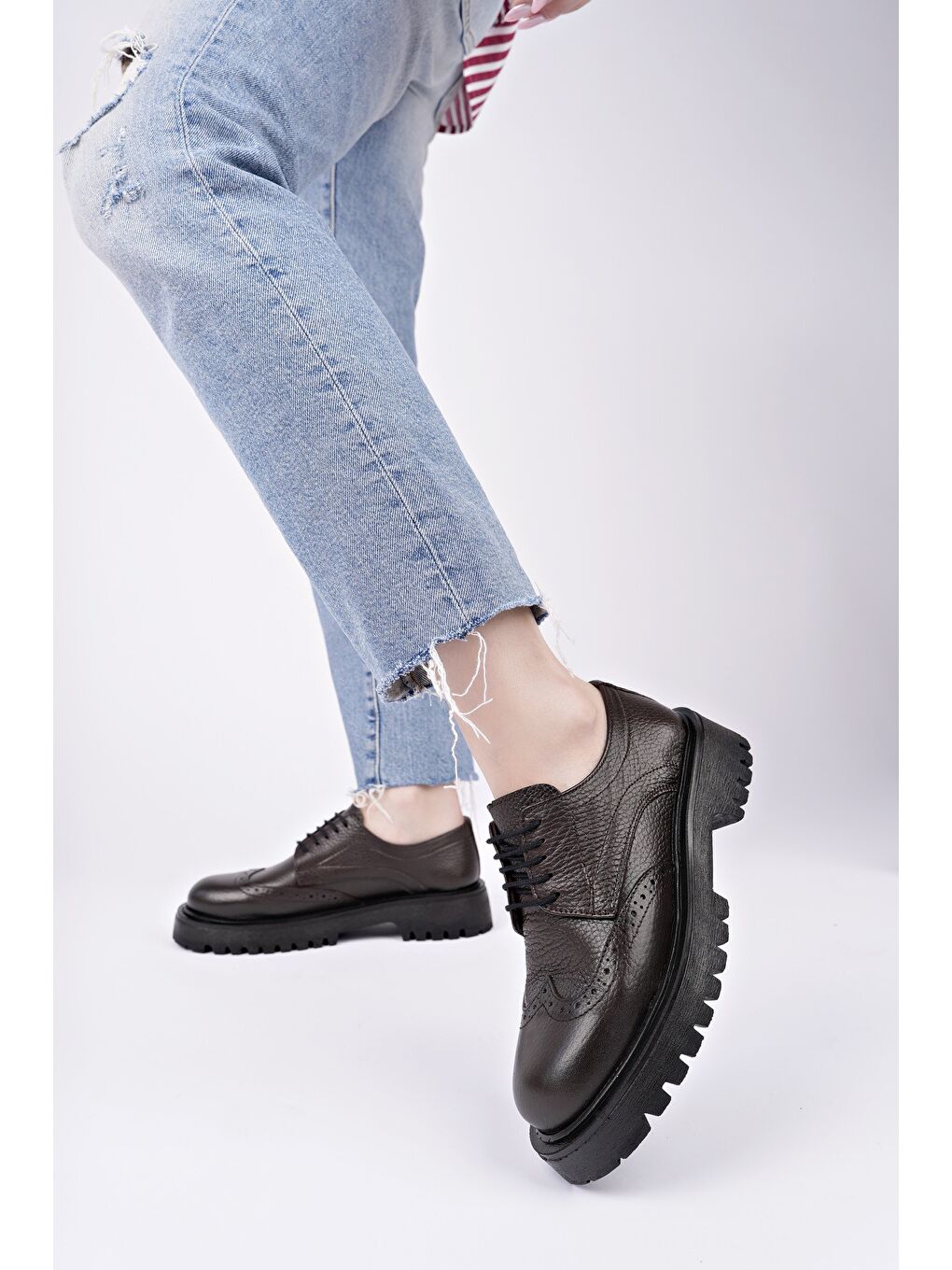 Muggo Kahverengi AMOUR Kadın Bağcıklı Hakiki Deri Kalın Taban Günlük Casual Makosen Ayakkabı - 6