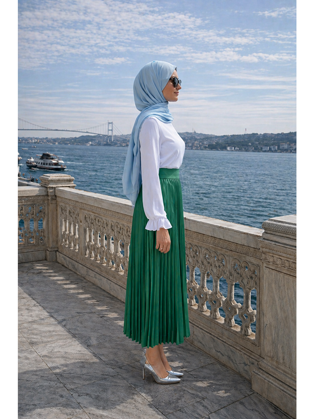 Yeşil Kadın Premium Pileli Zümrüt Uzun Tesettür Etek-2